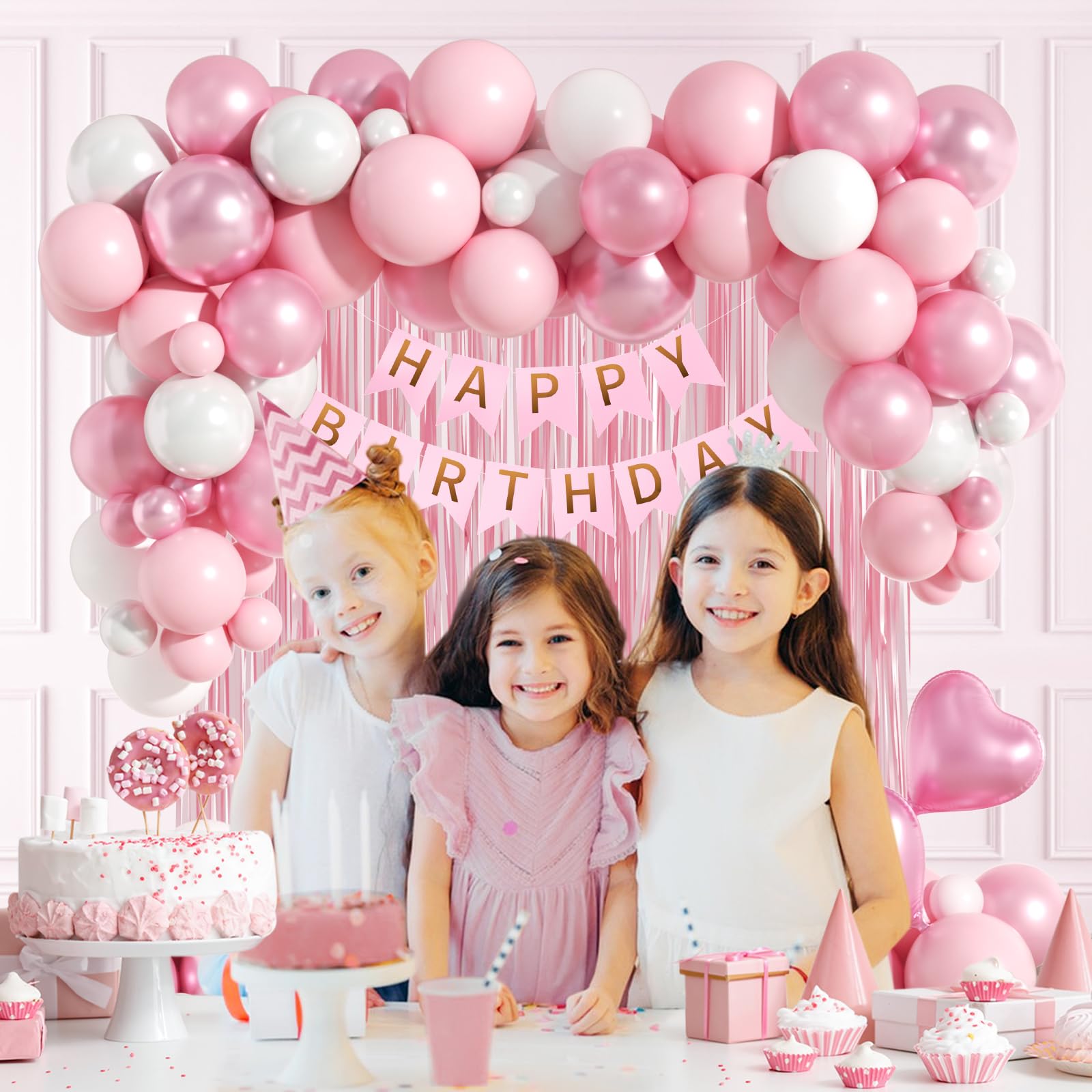Leraqertra Pink Birthday Decorations Kit – Pearl White Balloons, Fringe Curtain & Banner