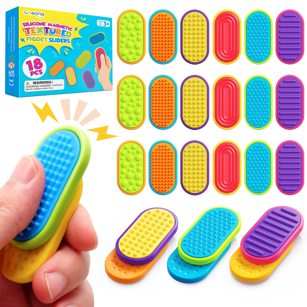 LESONG Sensory Fidget Magnets – 18-Pack Textured Silicone Sliders for Kids, Autism, Classroom & Party Favors