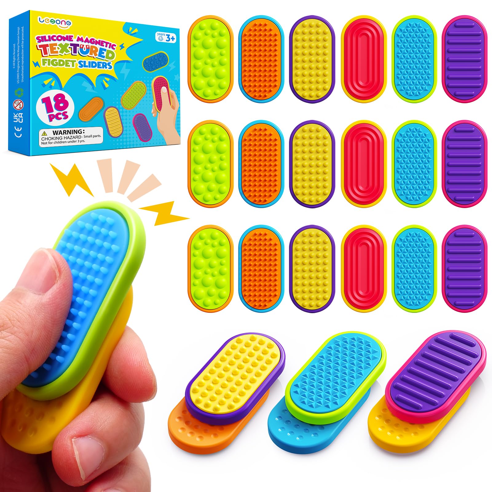 LESONG Sensory Fidget Magnets – 18-Pack Textured Silicone Sliders for Kids, Autism, Classroom & Party Favors