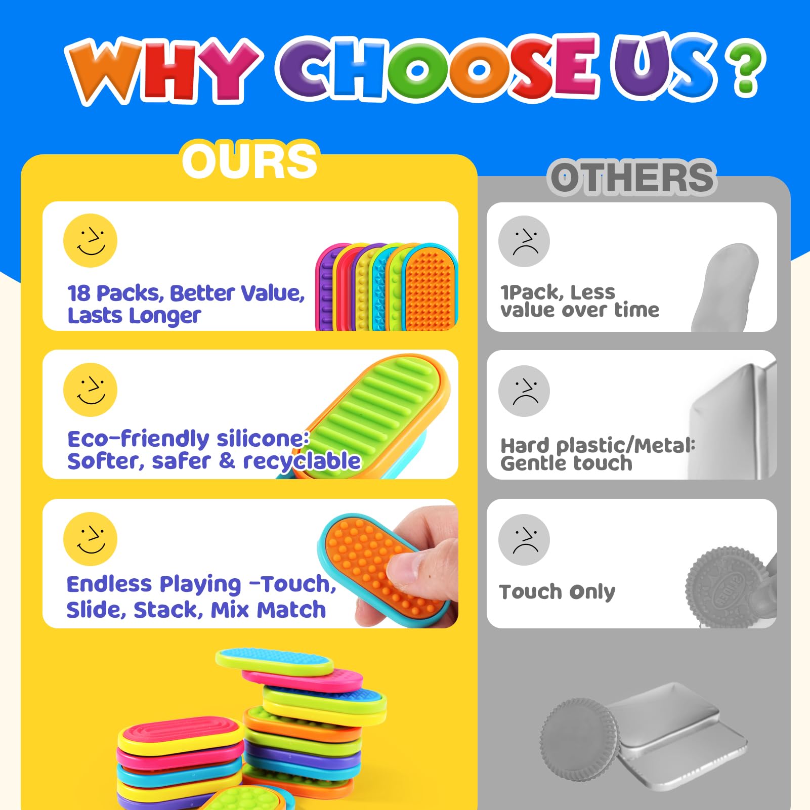 LESONG Sensory Fidget Magnets – 18-Pack Textured Silicone Sliders for Kids, Autism, Classroom & Party Favors