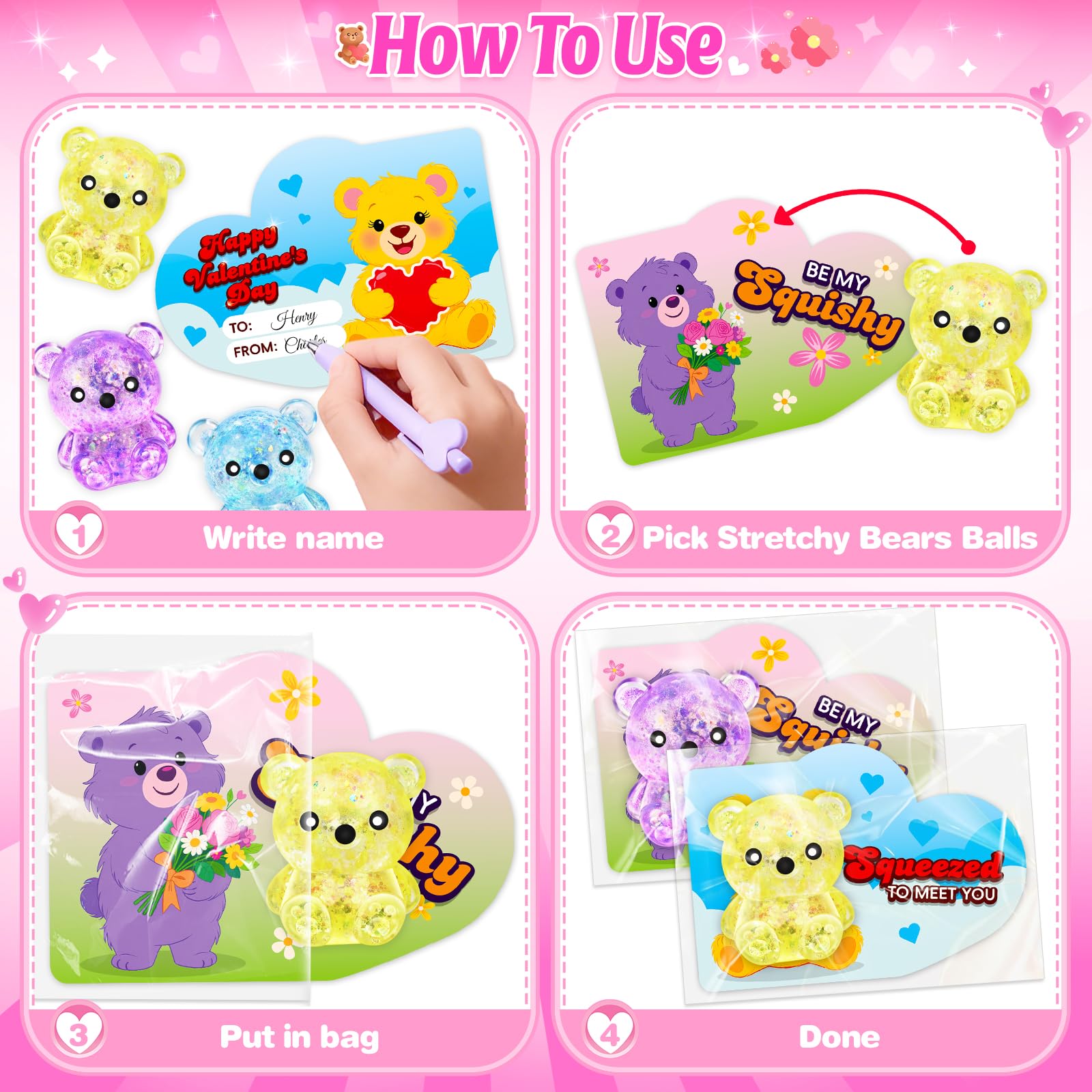 Letapapa Valentines Day Cards for Kids – 24 Pack with Bear Squeeze Toys | Classroom Gifts & Party Favors