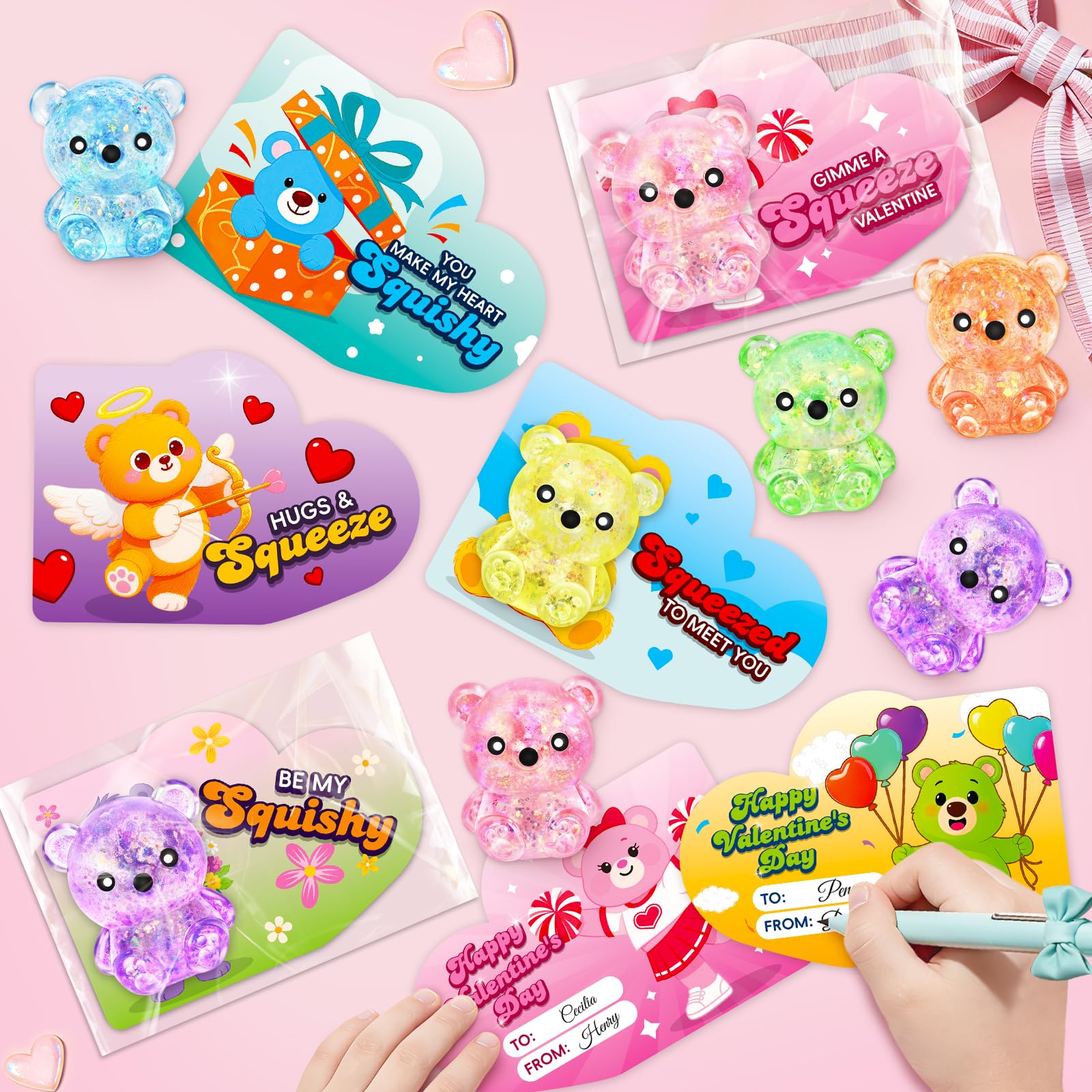 Letapapa Valentines Day Cards for Kids – 24 Pack with Bear Squeeze Toys | Classroom Gifts & Party Favors