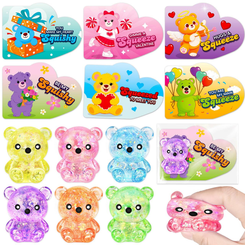 Letapapa Valentines Day Cards for Kids – 24 Pack with Bear Squeeze Toys | Classroom Gifts & Party Favors