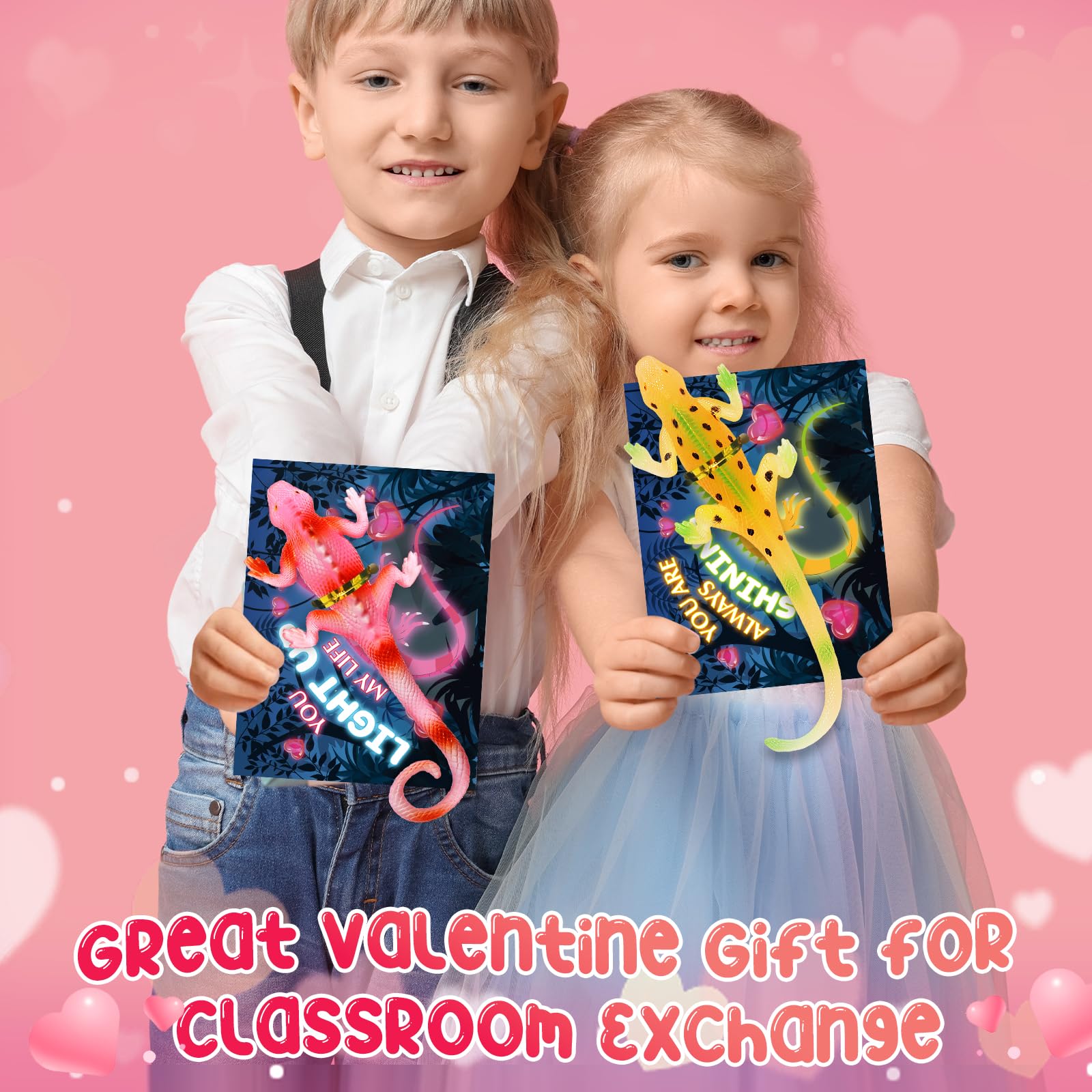 Letapapa Valentines Day Cards for Kids — 24 Pack Glow-in-the-Dark Lizard Gifts, Classroom Exchange & Party Favors