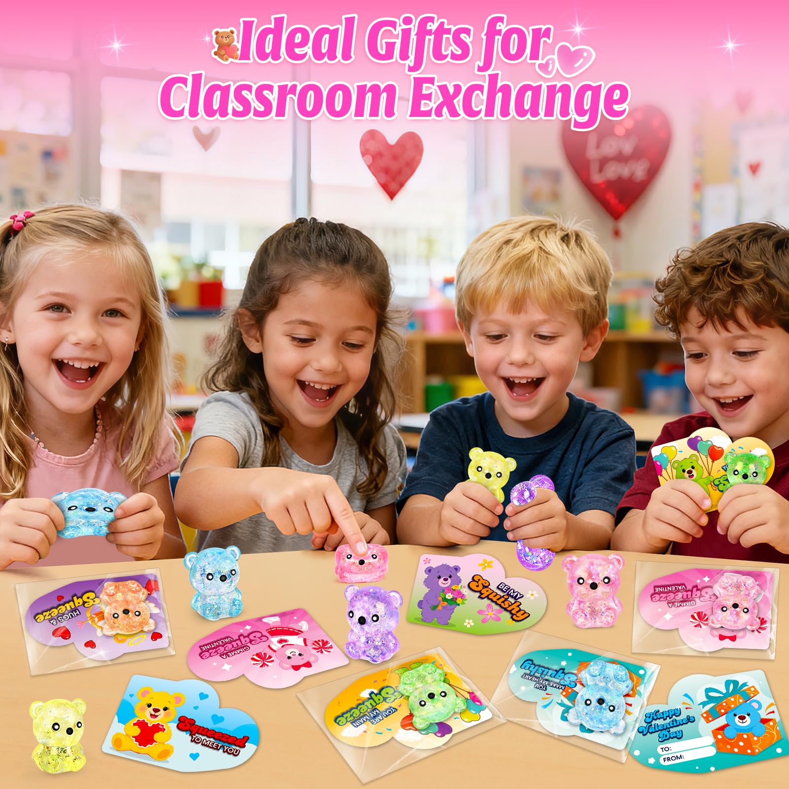 Letapapa Valentines Day Cards for Kids – 24 Pack with Bear Squeeze Toys | Classroom Gifts & Party Favors