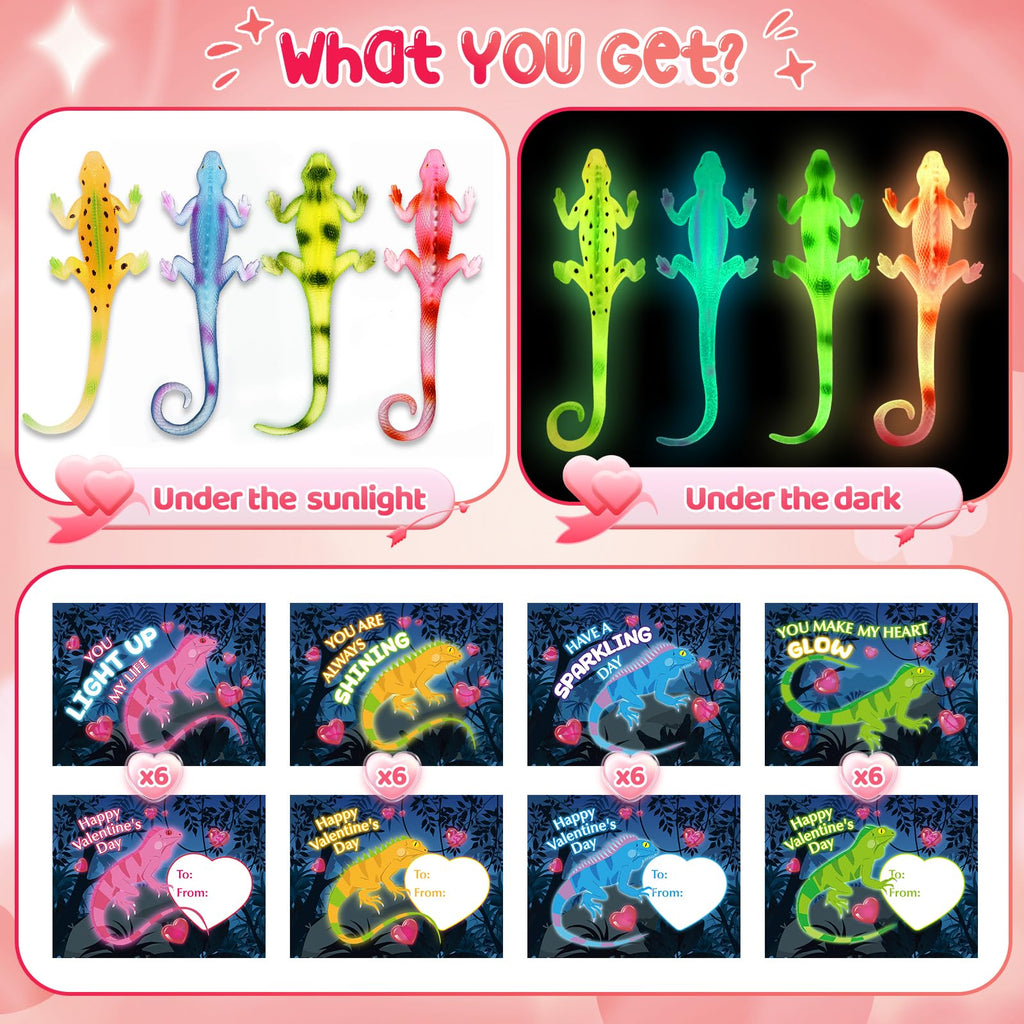 Letapapa Valentines Day Cards for Kids — 24 Pack Glow-in-the-Dark Lizard Gifts, Classroom Exchange & Party Favors
