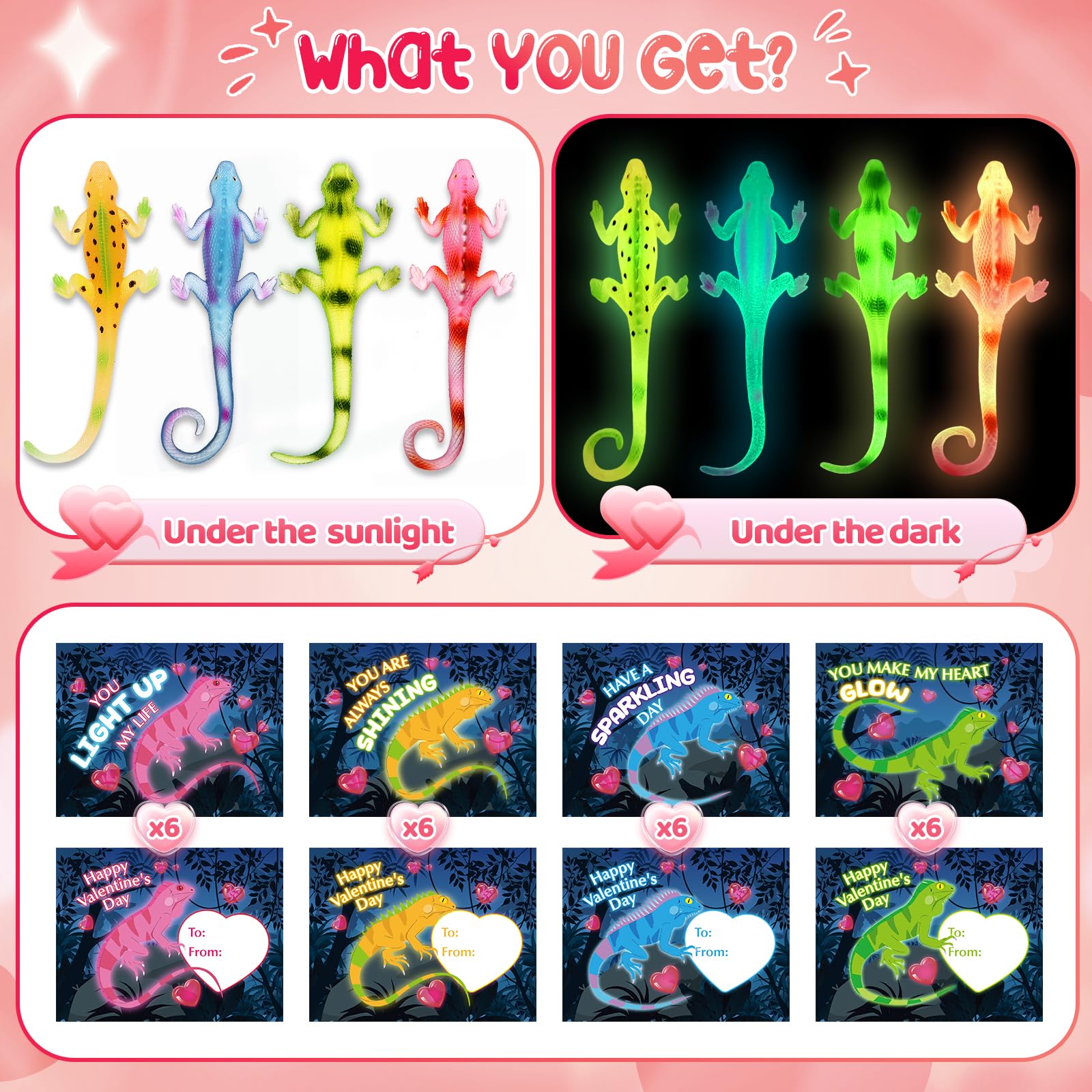 Letapapa Valentines Day Cards for Kids — 24 Pack Glow-in-the-Dark Lizard Gifts, Classroom Exchange & Party Favors