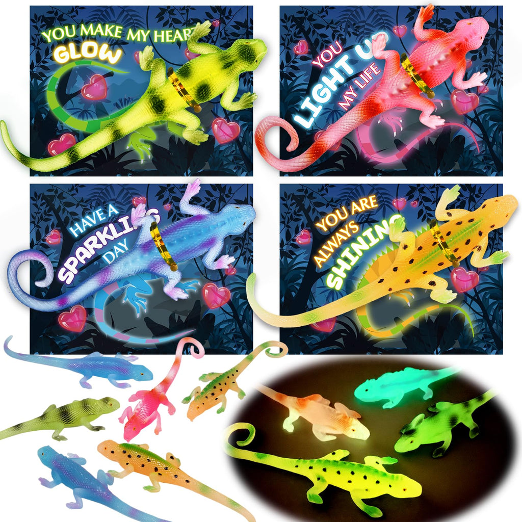 Letapapa Valentines Day Cards for Kids — 24 Pack Glow-in-the-Dark Lizard Gifts, Classroom Exchange & Party Favors