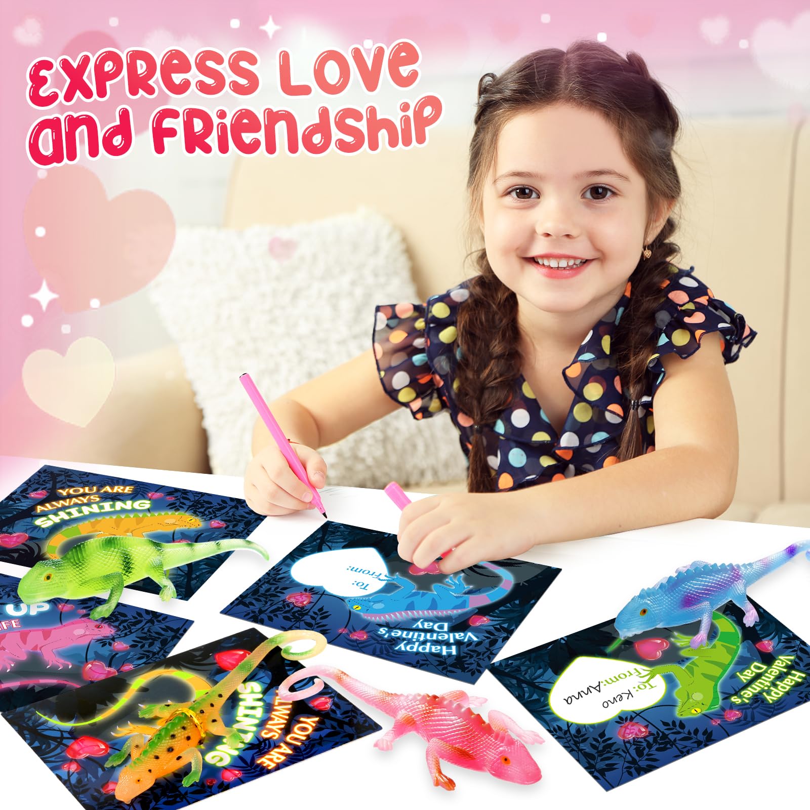 Letapapa Valentines Day Cards for Kids — 24 Pack Glow-in-the-Dark Lizard Gifts, Classroom Exchange & Party Favors
