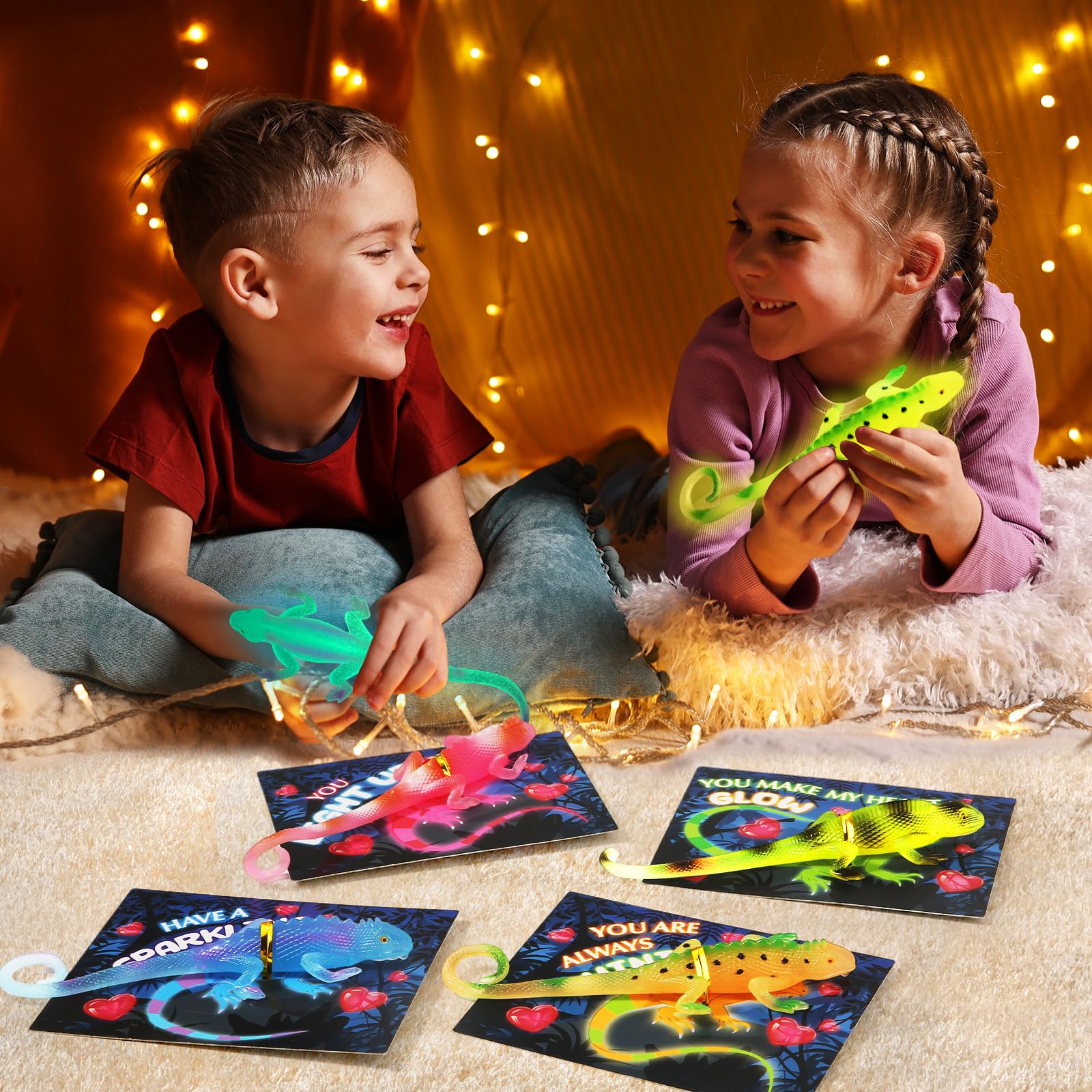 Letapapa Valentines Day Cards for Kids — 24 Pack Glow-in-the-Dark Lizard Gifts, Classroom Exchange & Party Favors