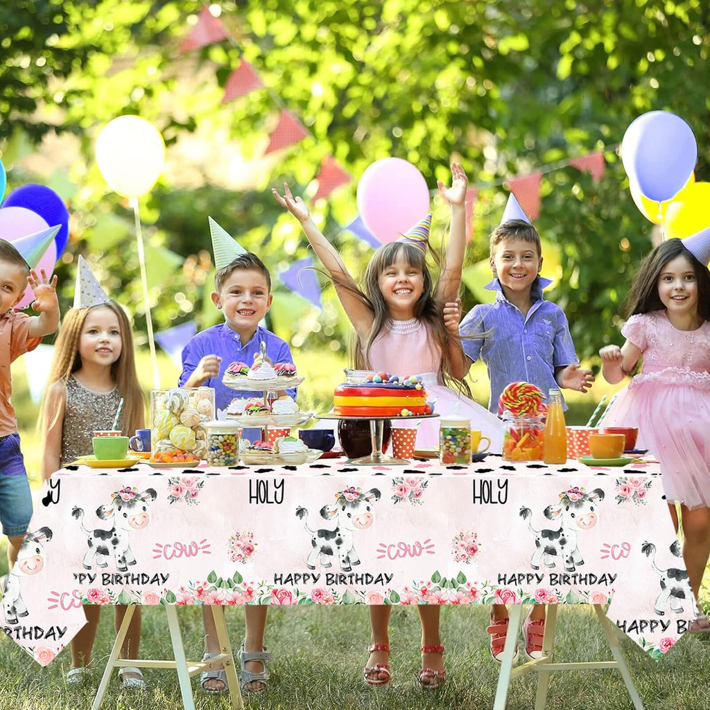 Letromp 2 Pcs Holy Cow Tablecloth 54 x 108 in – Pink Cow Print Disposable Party Covers for Farm Animal Birthday & Baby Shower