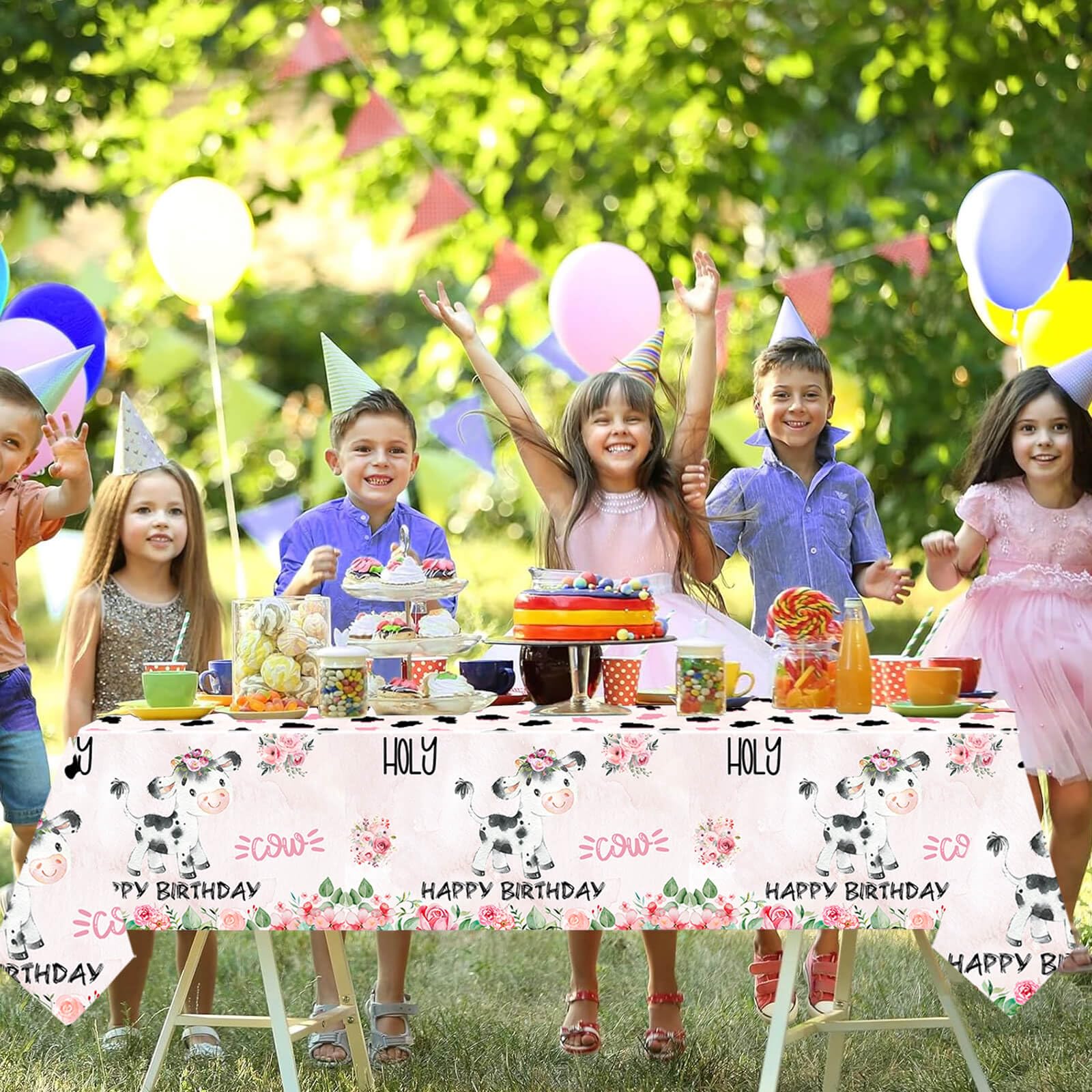 Letromp 2 Pcs Holy Cow Tablecloth 54 x 108 in – Pink Cow Print Disposable Party Covers for Farm Animal Birthday & Baby Shower