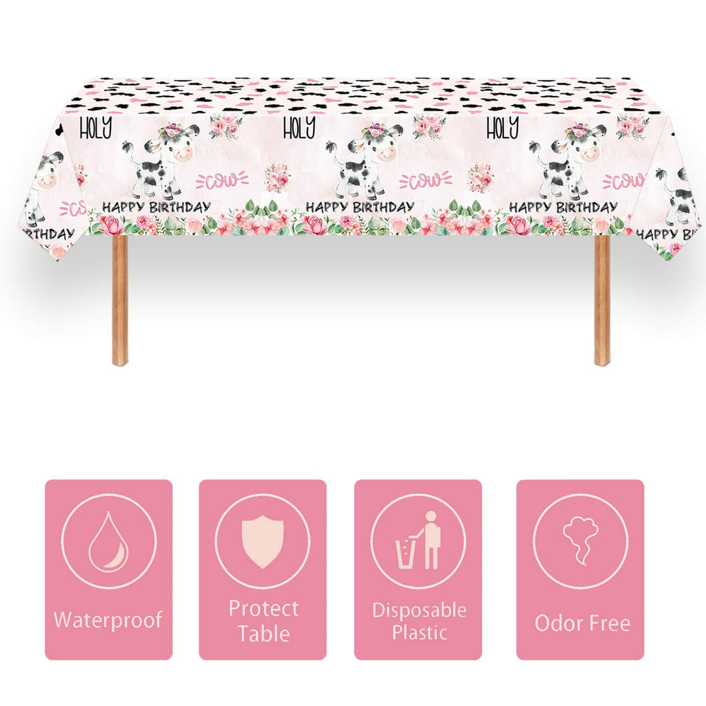 Letromp 2 Pcs Holy Cow Tablecloth 54 x 108 in – Pink Cow Print Disposable Party Covers for Farm Animal Birthday & Baby Shower
