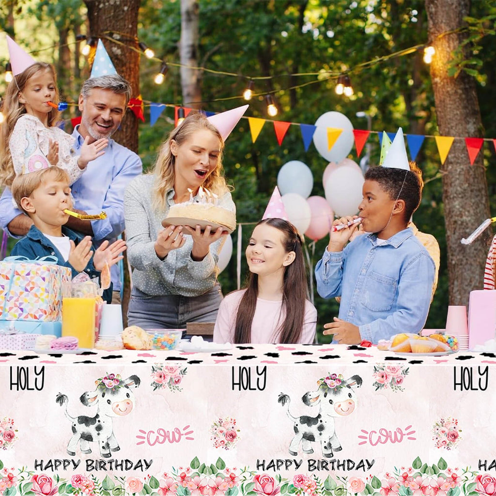 Letromp 2 Pcs Holy Cow Tablecloth 54 x 108 in – Pink Cow Print Disposable Party Covers for Farm Animal Birthday & Baby Shower