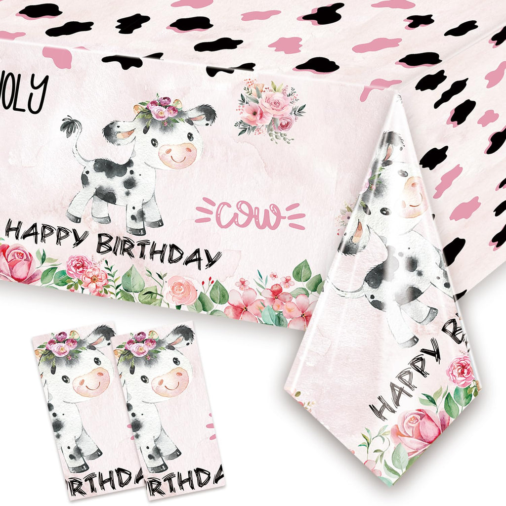 Letromp 2 Pcs Holy Cow Tablecloth 54 x 108 in – Pink Cow Print Disposable Party Covers for Farm Animal Birthday & Baby Shower
