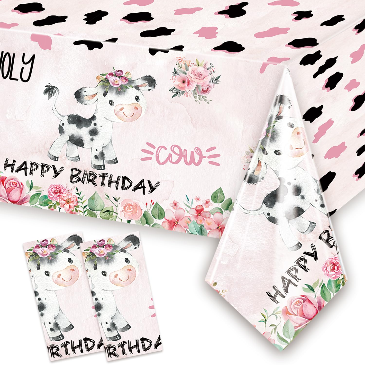 Letromp 2 Pcs Holy Cow Tablecloth 54 x 108 in – Pink Cow Print Disposable Party Covers for Farm Animal Birthday & Baby Shower