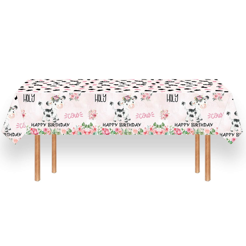 Letromp 2 Pcs Holy Cow Tablecloth 54 x 108 in – Pink Cow Print Disposable Party Covers for Farm Animal Birthday & Baby Shower