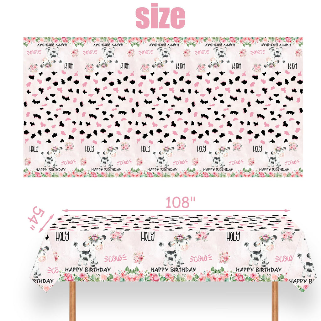 Letromp 2 Pcs Holy Cow Tablecloth 54 x 108 in – Pink Cow Print Disposable Party Covers for Farm Animal Birthday & Baby Shower