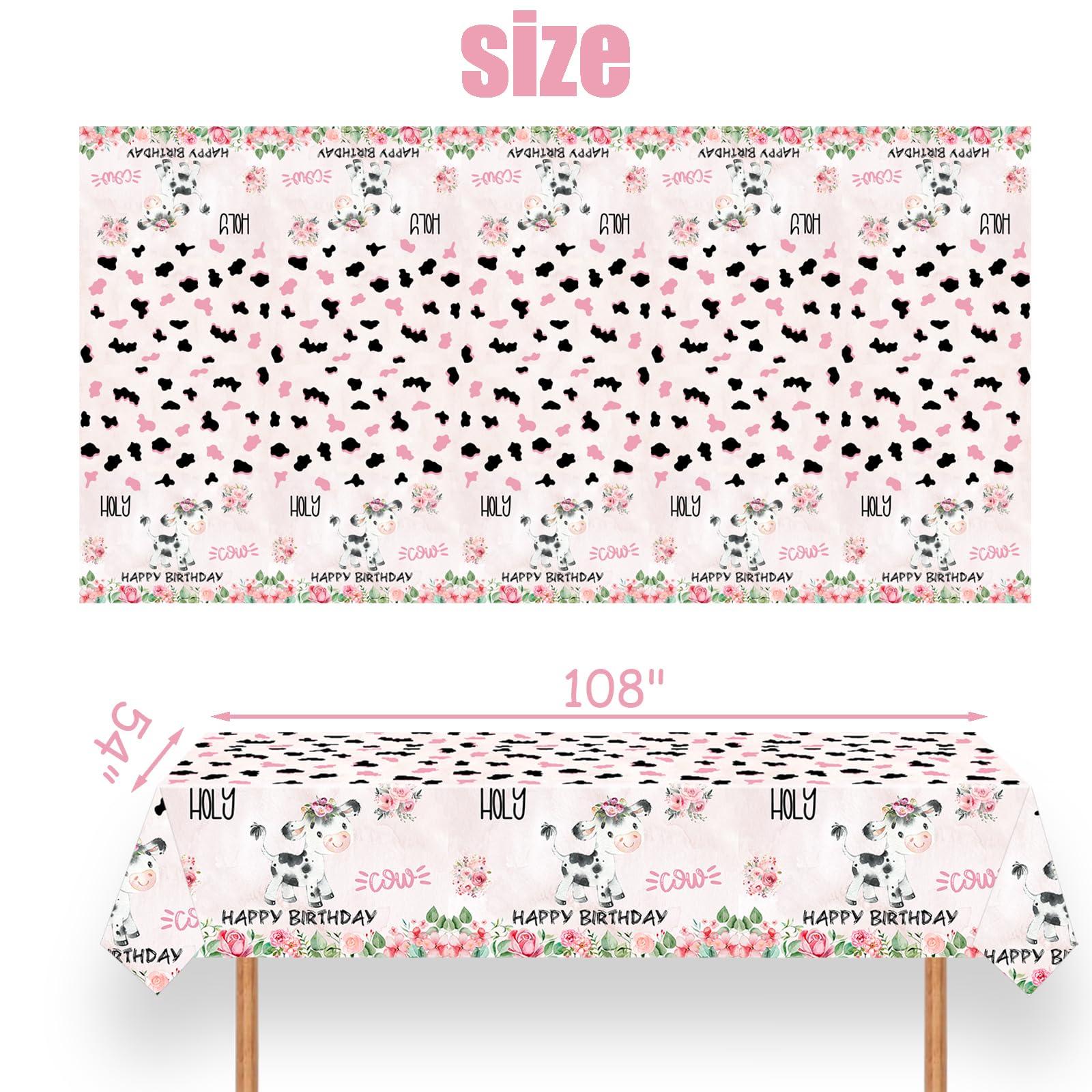 Letromp 2 Pcs Holy Cow Tablecloth 54 x 108 in – Pink Cow Print Disposable Party Covers for Farm Animal Birthday & Baby Shower