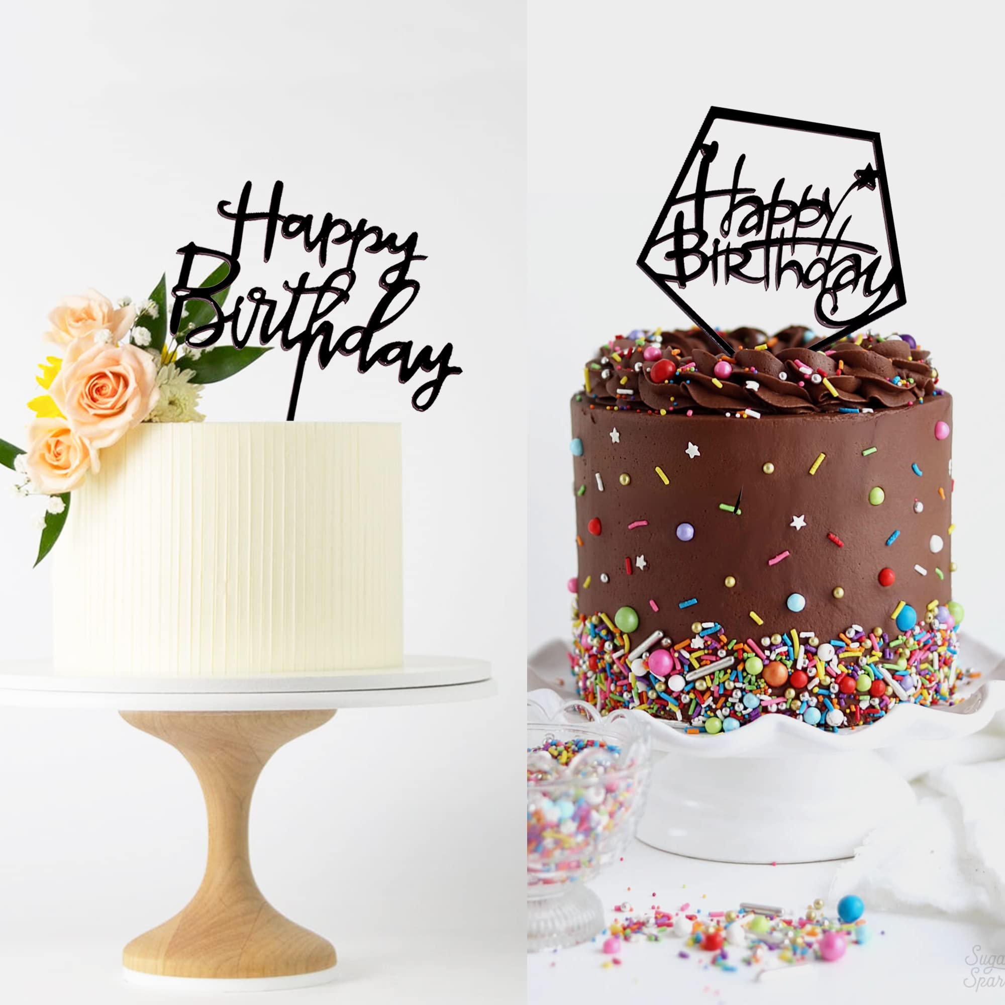 LetsCake 6-Pack Black Birthday Cake Toppers – Double-Sided Shiny Acrylic Happy Birthday Signs