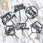 LetsCake 6-Pack Black Birthday Cake Toppers – Double-Sided Shiny Acrylic Happy Birthday Signs
