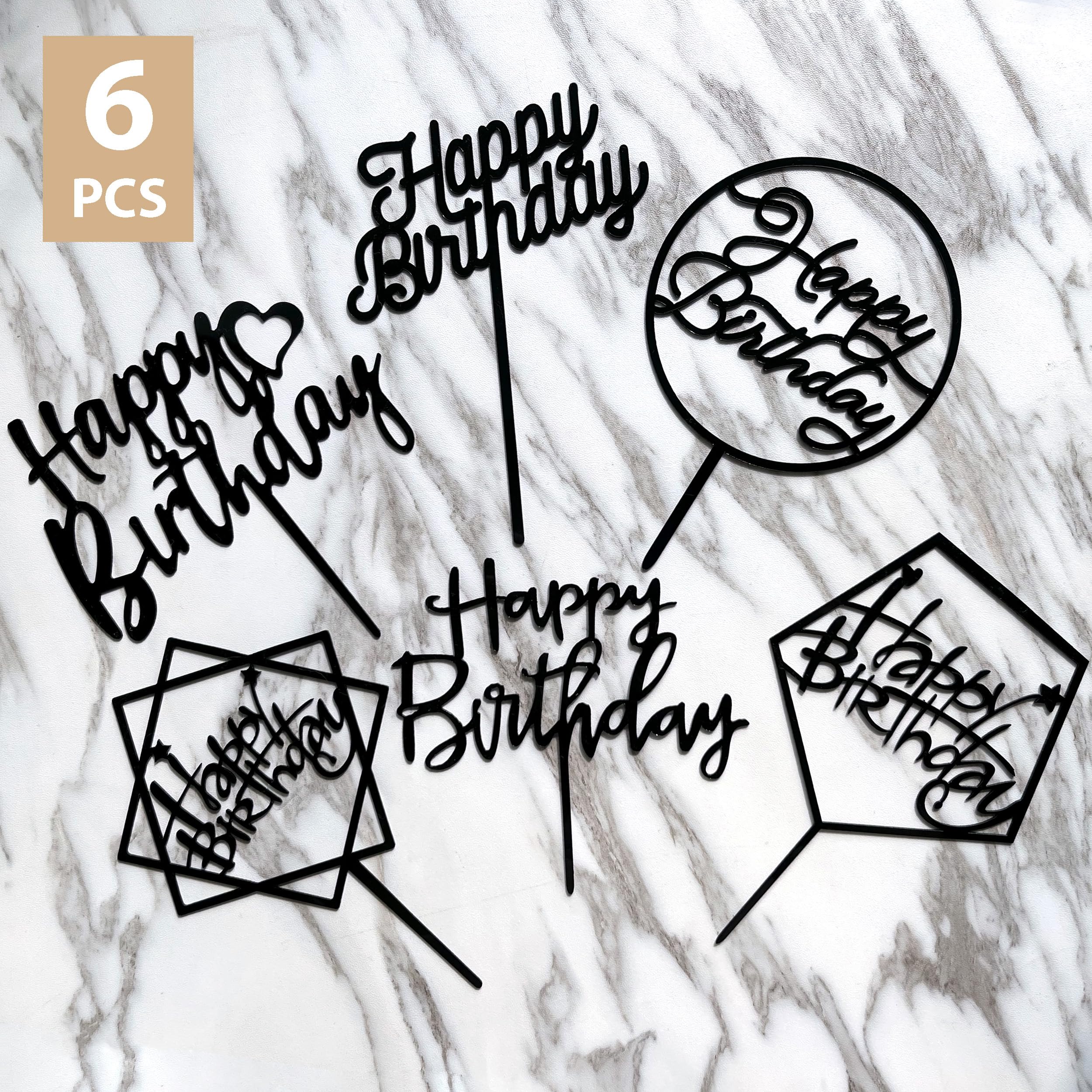 LetsCake 6-Pack Black Birthday Cake Toppers – Double-Sided Shiny Acrylic Happy Birthday Signs
