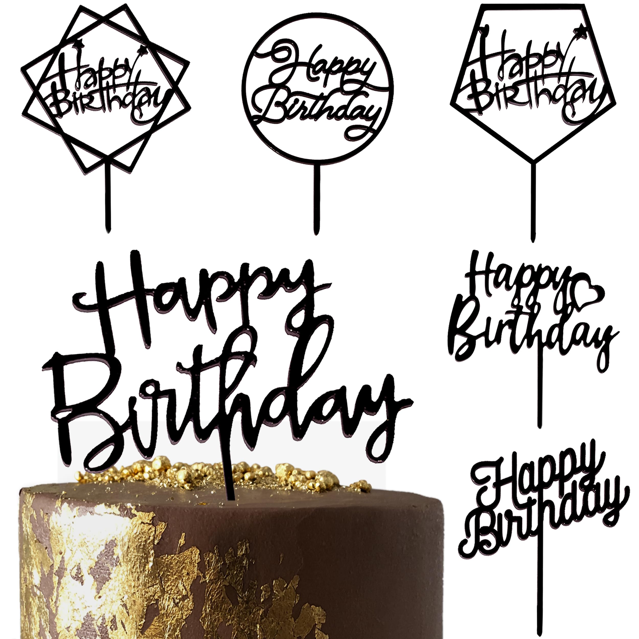 LetsCake 6-Pack Black Birthday Cake Toppers – Double-Sided Shiny Acrylic Happy Birthday Signs