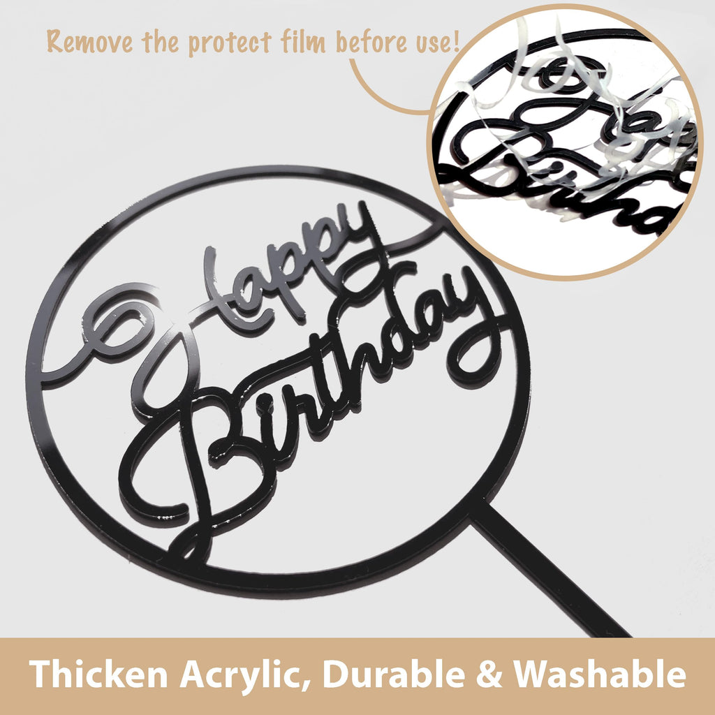 LetsCake 6-Pack Black Birthday Cake Toppers – Double-Sided Shiny Acrylic Happy Birthday Signs