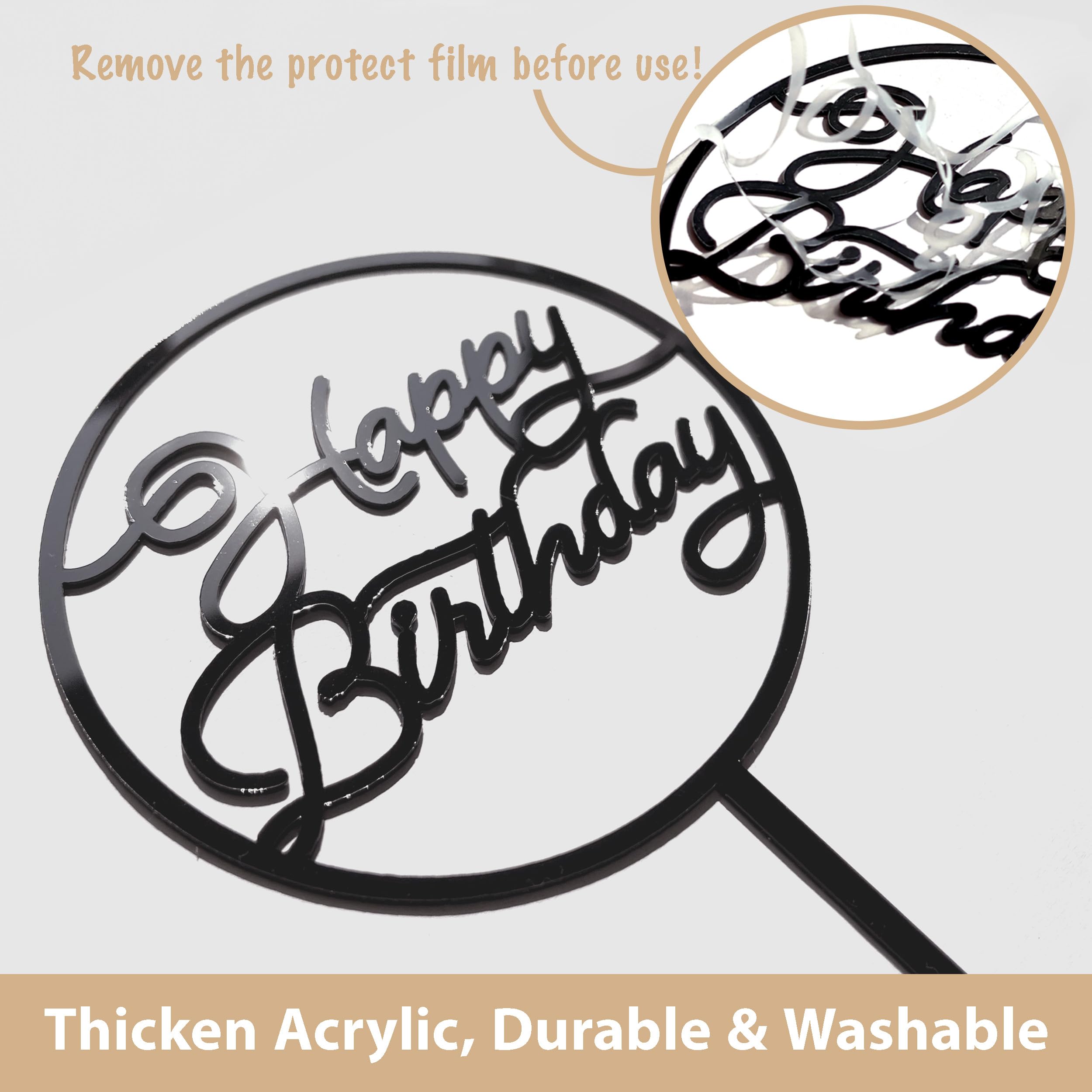 LetsCake 6-Pack Black Birthday Cake Toppers – Double-Sided Shiny Acrylic Happy Birthday Signs