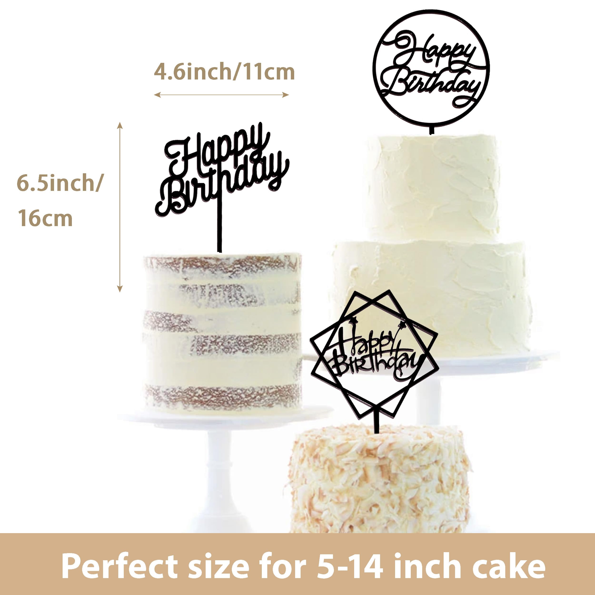 LetsCake 6-Pack Black Birthday Cake Toppers – Double-Sided Shiny Acrylic Happy Birthday Signs