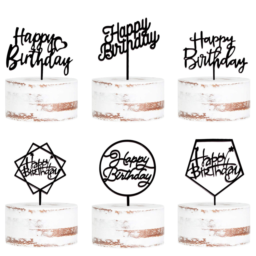 LetsCake 6-Pack Black Birthday Cake Toppers – Double-Sided Shiny Acrylic Happy Birthday Signs