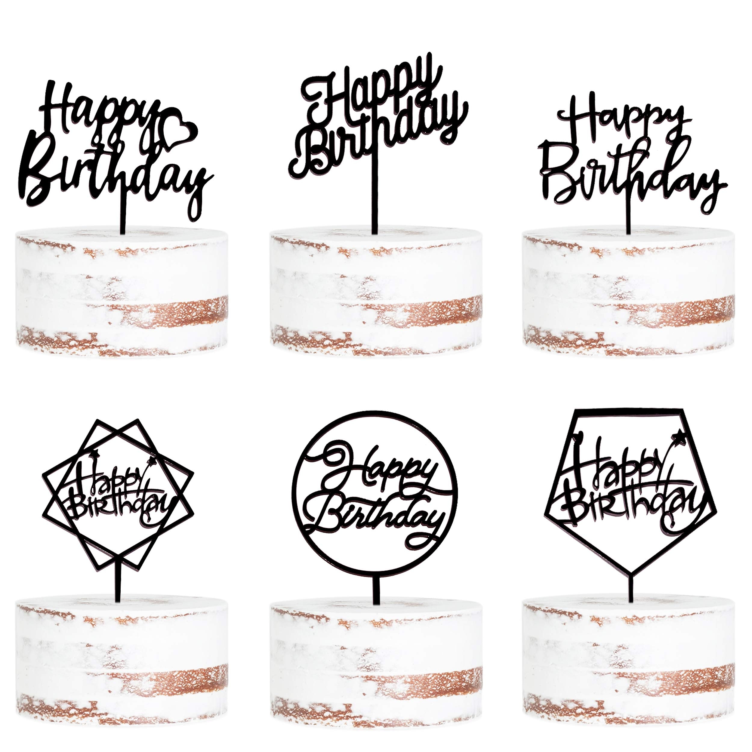LetsCake 6-Pack Black Birthday Cake Toppers – Double-Sided Shiny Acrylic Happy Birthday Signs