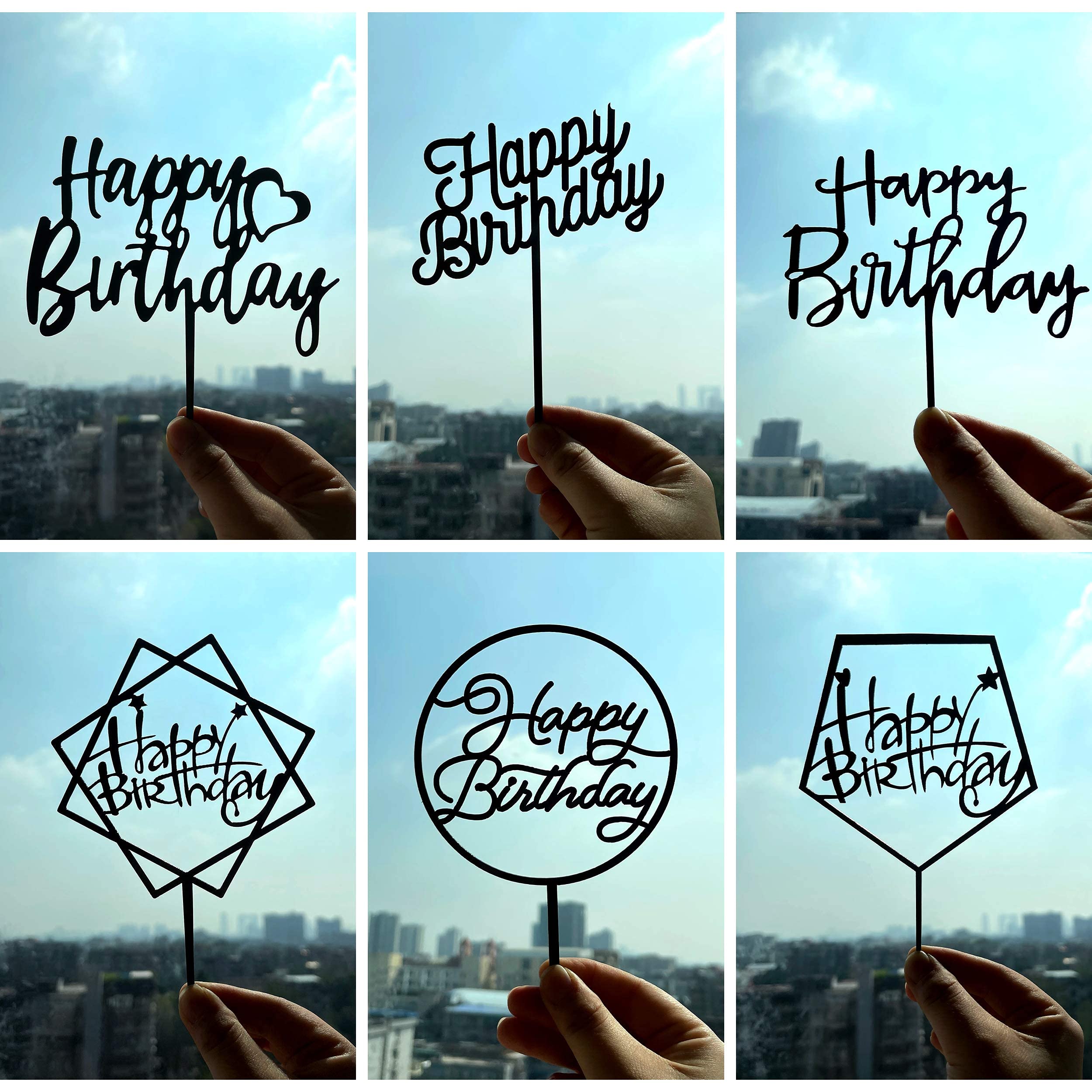LetsCake 6-Pack Black Birthday Cake Toppers – Double-Sided Shiny Acrylic Happy Birthday Signs