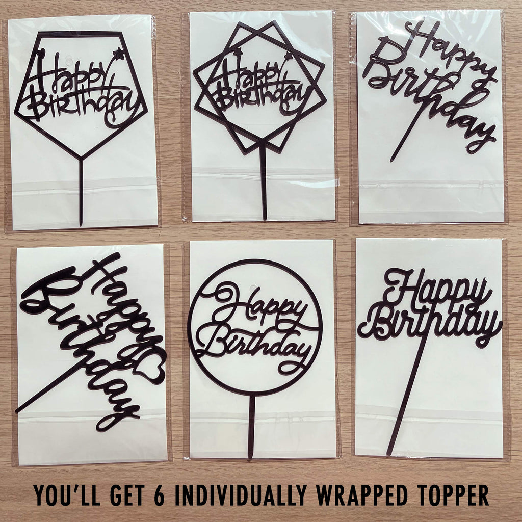 LetsCake 6-Pack Black Birthday Cake Toppers – Double-Sided Shiny Acrylic Happy Birthday Signs
