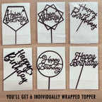 LetsCake 6-Pack Black Birthday Cake Toppers – Double-Sided Shiny Acrylic Happy Birthday Signs