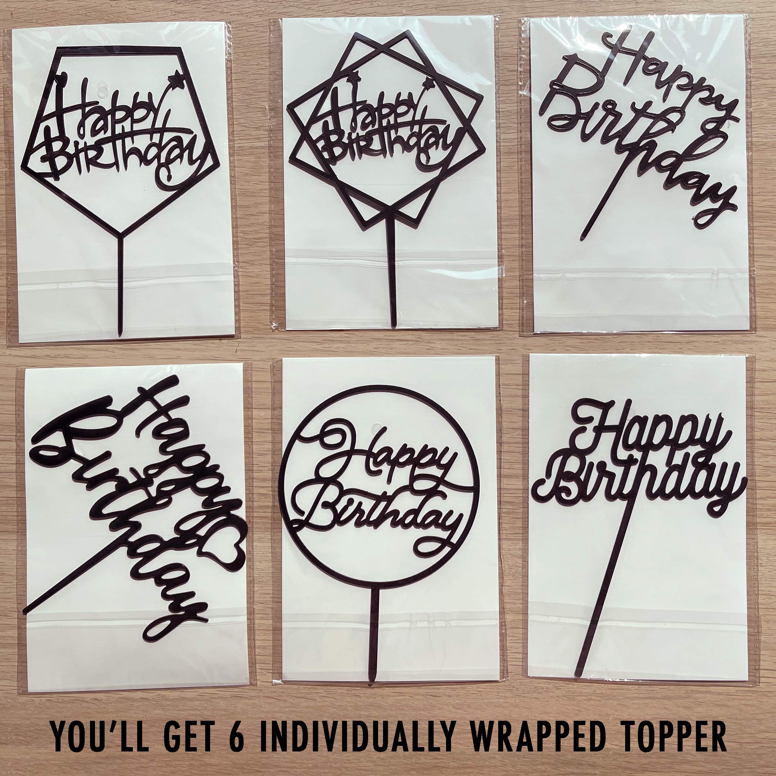 LetsCake 6-Pack Black Birthday Cake Toppers – Double-Sided Shiny Acrylic Happy Birthday Signs