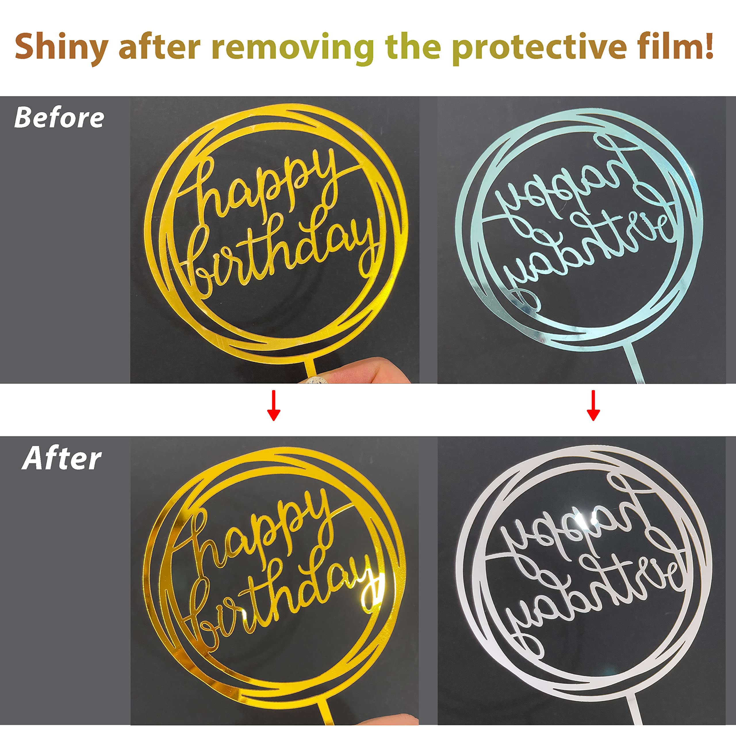 LetsCake 6-Pack Gold Cake Topper Set – Double-Sided Acrylic Happy Birthday Toppers