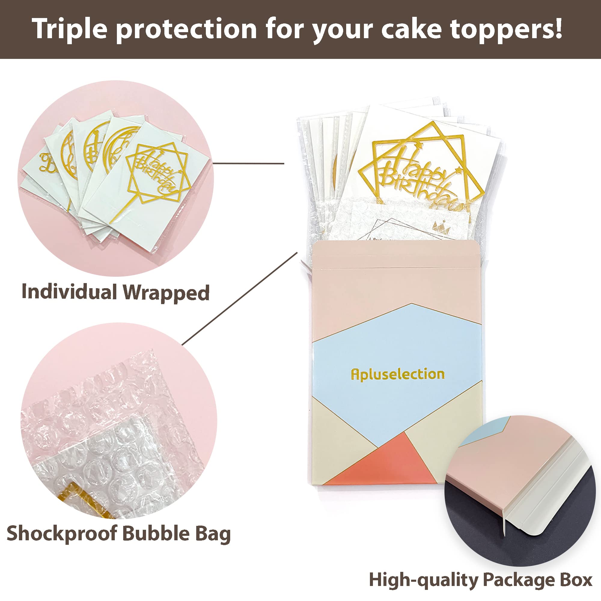 LetsCake 6-Pack Gold Cake Topper Set – Double-Sided Acrylic Happy Birthday Toppers