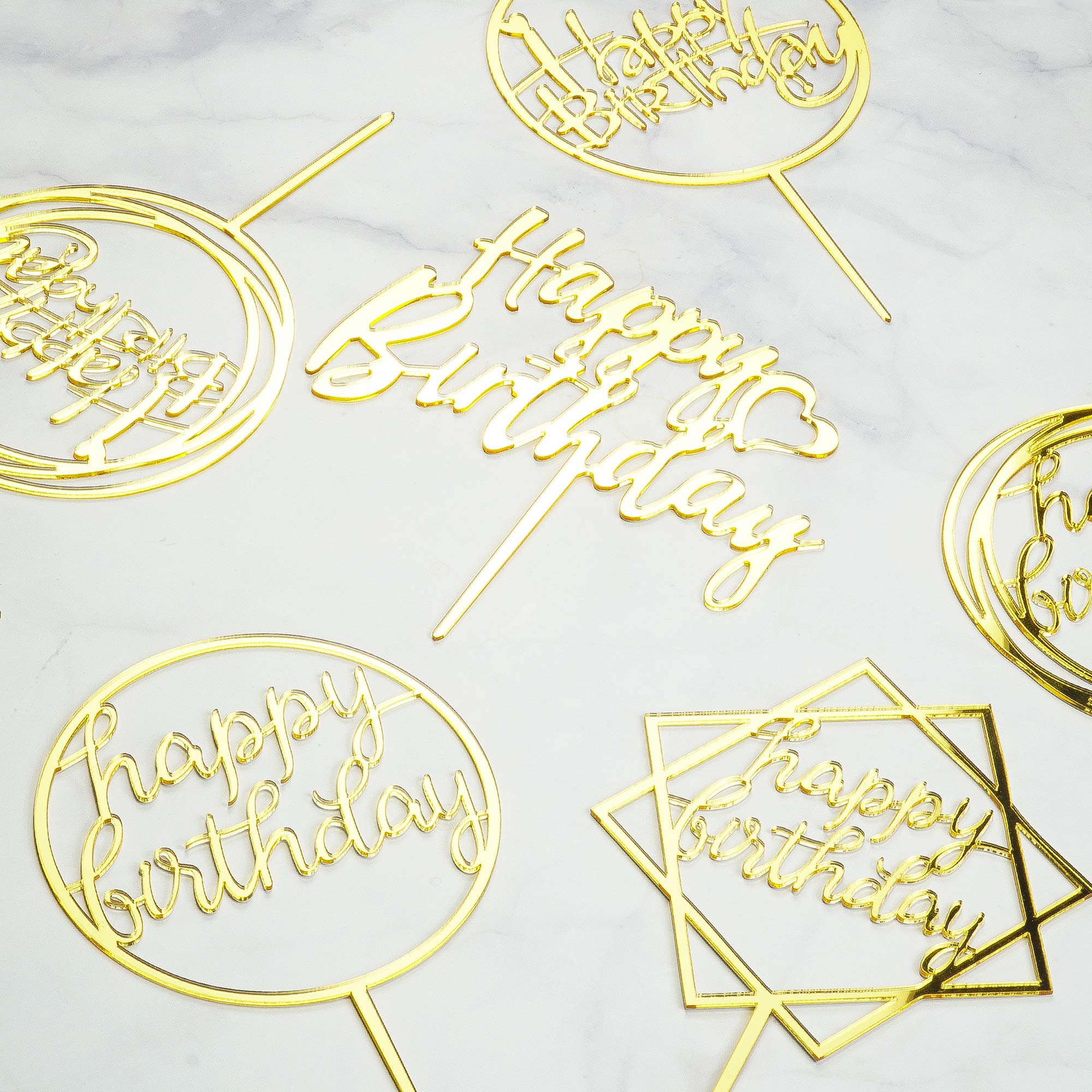 LetsCake 6-Pack Gold Cake Topper Set – Double-Sided Acrylic Happy Birthday Toppers