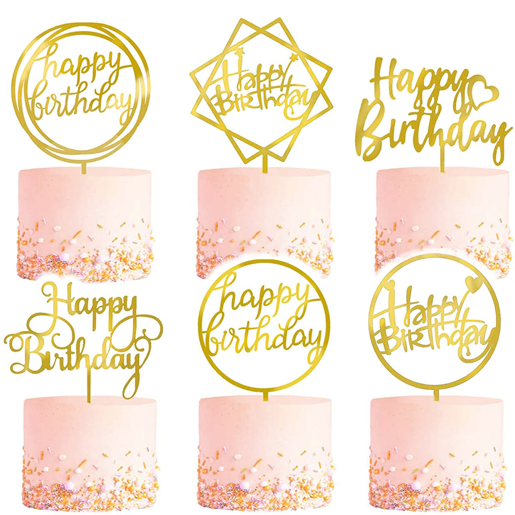 LetsCake 6-Pack Gold Cake Topper Set – Double-Sided Acrylic Happy Birthday Toppers