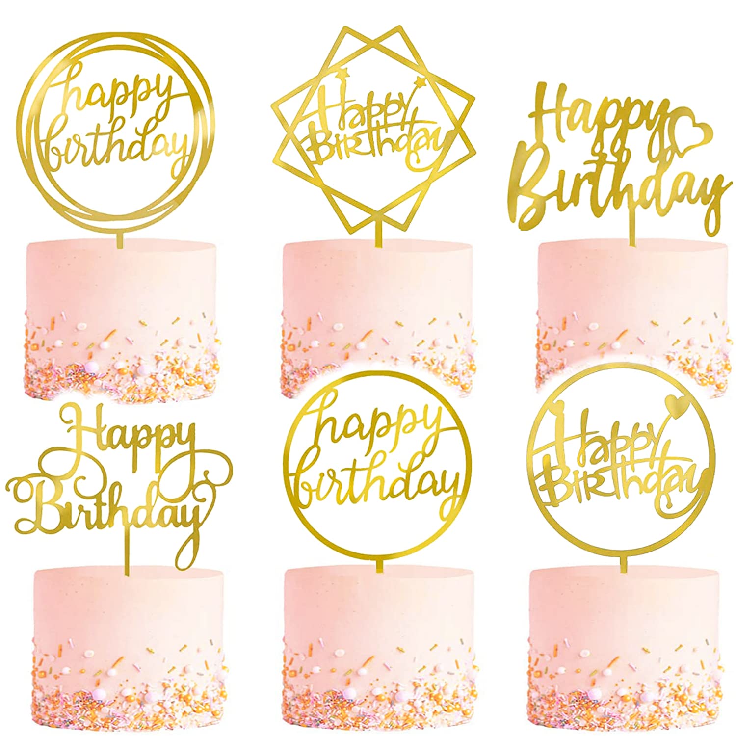 LetsCake 6-Pack Gold Cake Topper Set – Double-Sided Acrylic Happy Birthday Toppers
