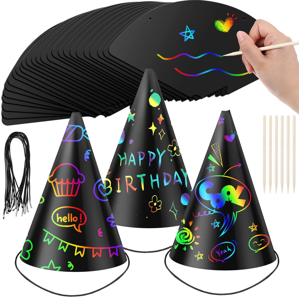 Lewtemi 108 Pcs Scratch Party Hats – DIY Colorful Cone Hat Craft Kit