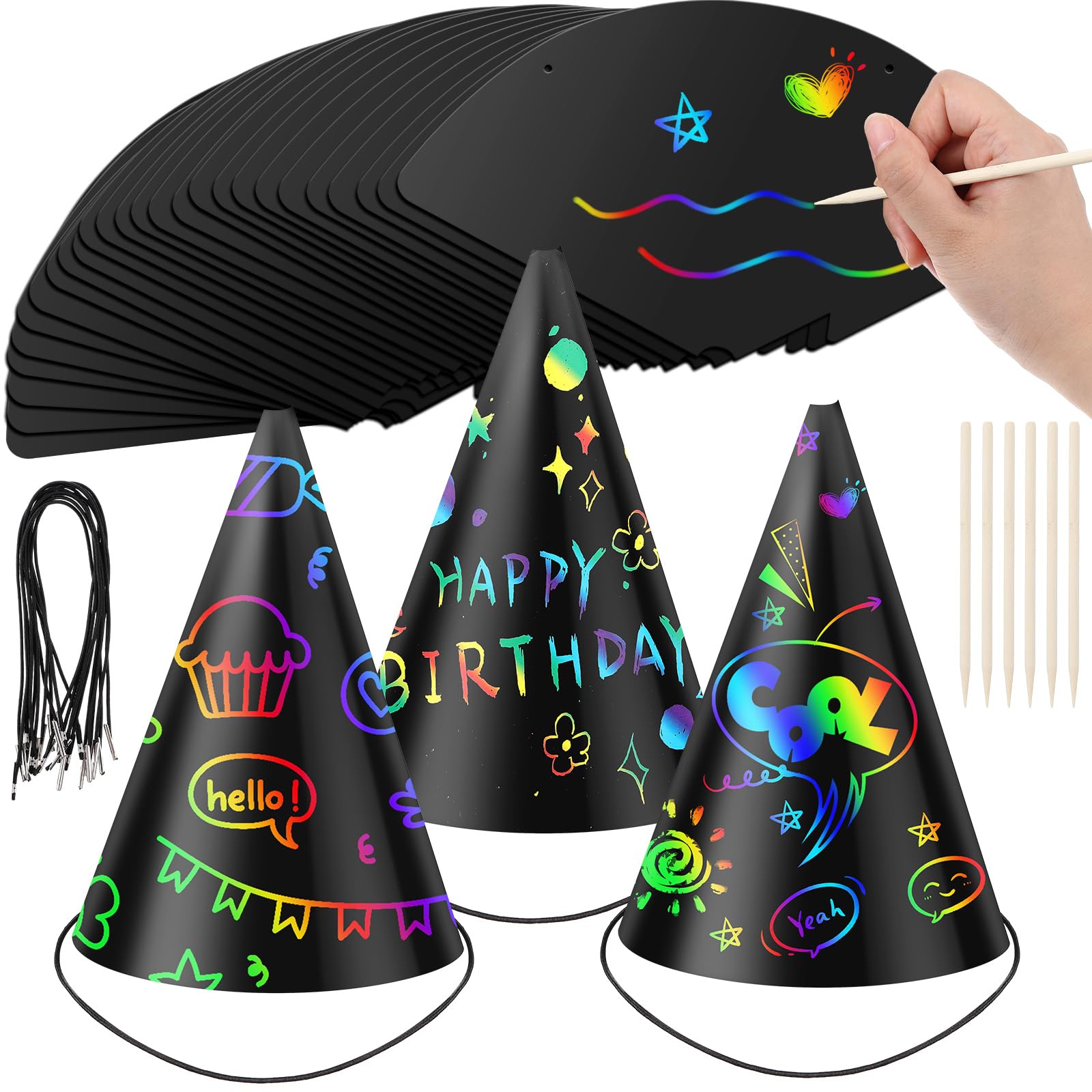 Lewtemi 108 Pcs Scratch Party Hats – DIY Colorful Cone Hat Craft Kit