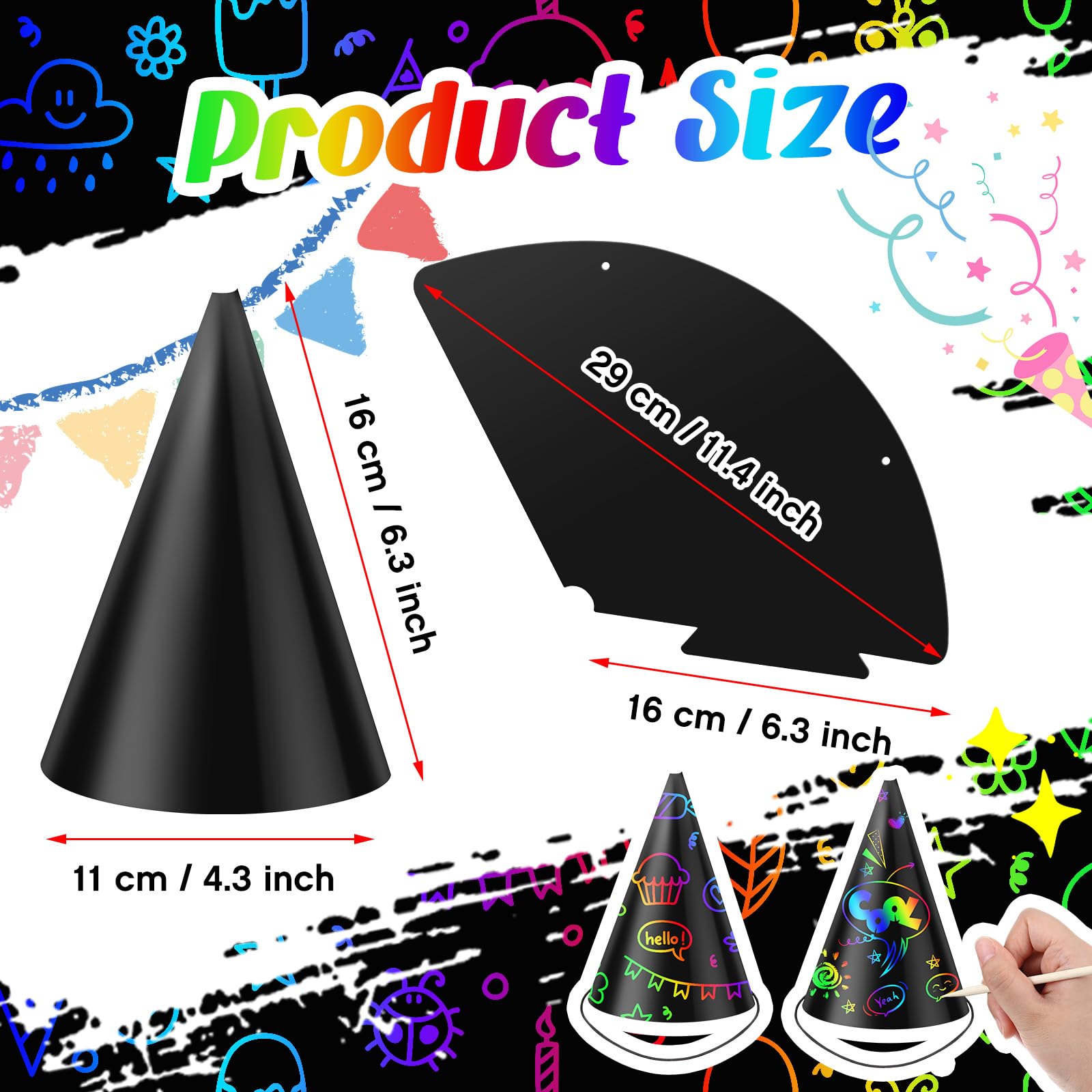 Lewtemi 108 Pcs Scratch Party Hats – DIY Colorful Cone Hat Craft Kit