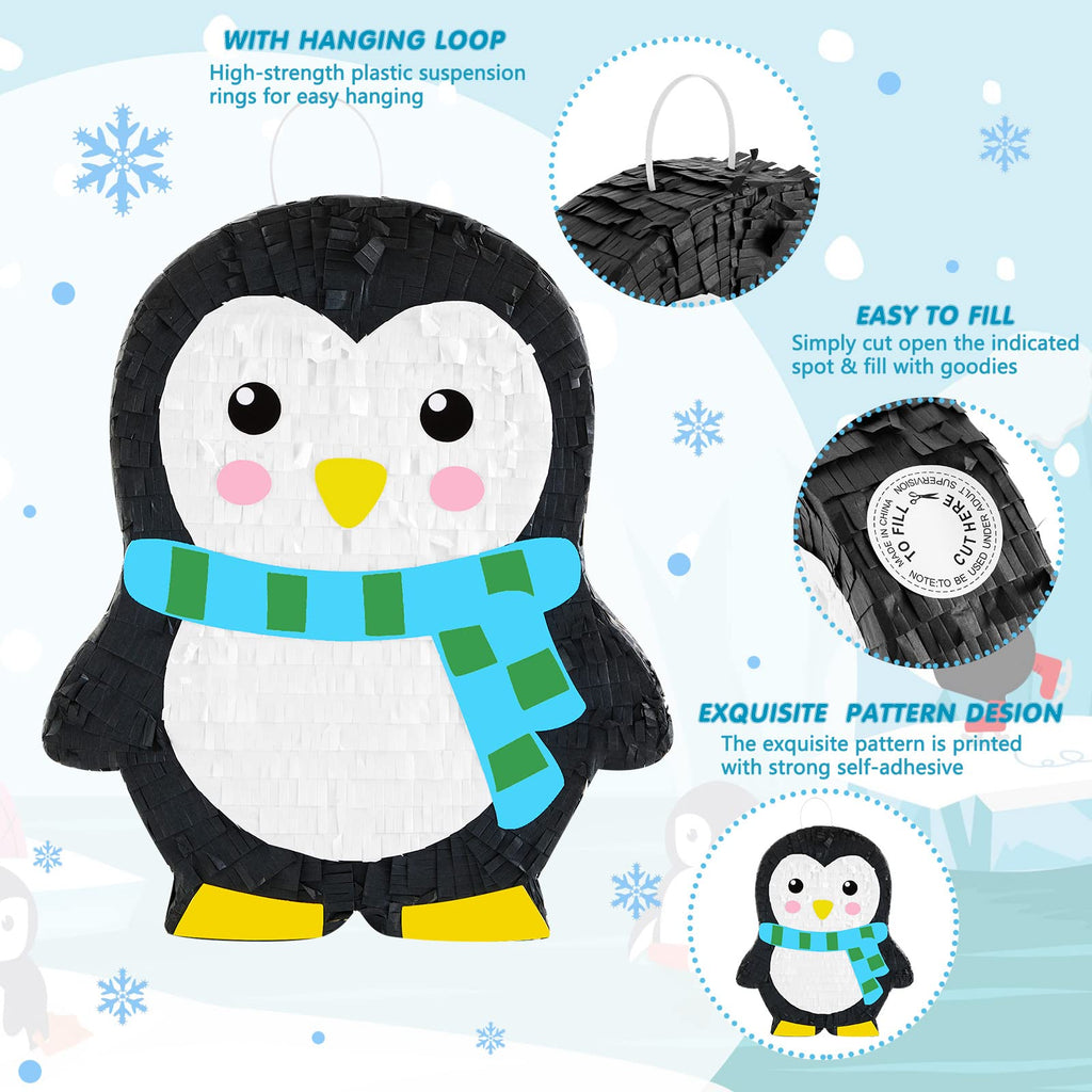 Lewtemi 15.75 Inch Penguin Pinata – Winter Wonderland Party Decor with Bat, Blindfold & Confetti