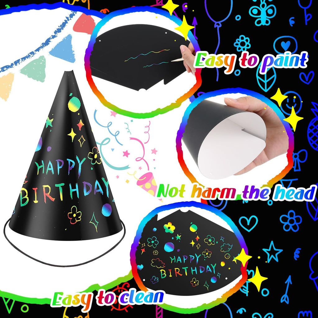 Lewtemi 108 Pcs Scratch Party Hats – DIY Colorful Cone Hat Craft Kit