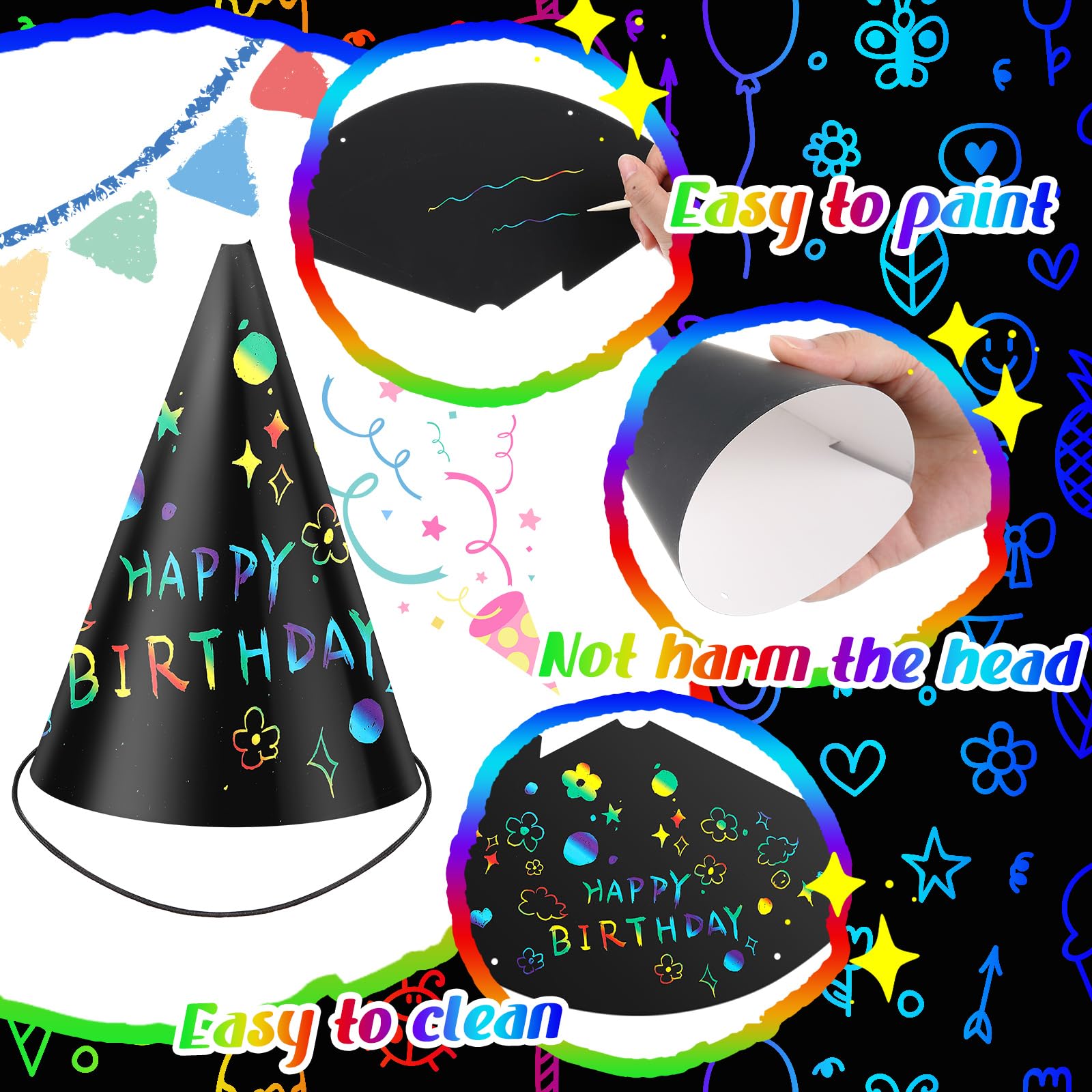 Lewtemi 108 Pcs Scratch Party Hats – DIY Colorful Cone Hat Craft Kit