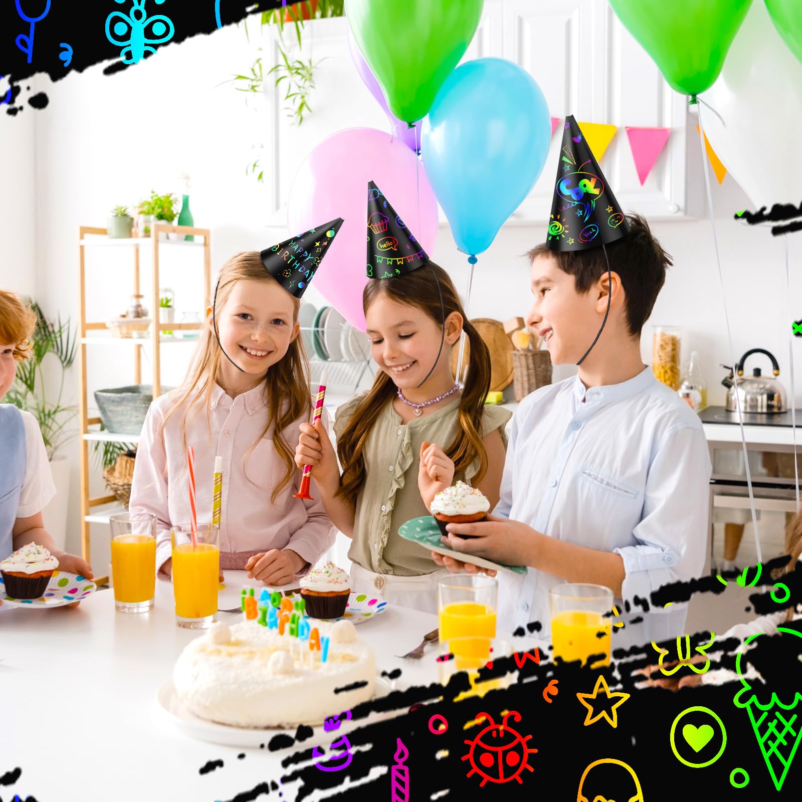 Lewtemi 108 Pcs Scratch Party Hats – DIY Colorful Cone Hat Craft Kit