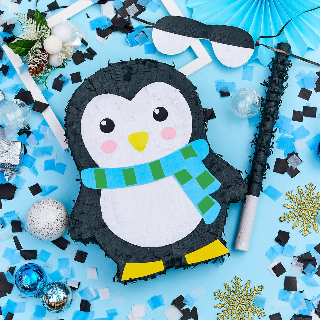 Lewtemi 15.75 Inch Penguin Pinata – Winter Wonderland Party Decor with Bat, Blindfold & Confetti