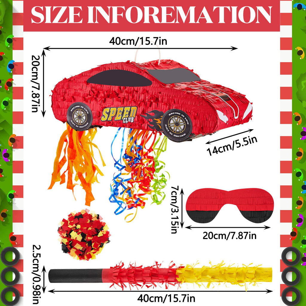 Lewtemi 4-Piece Race Car Pinata Set – 15.7-Inch with Blindfold, Bat & Confetti